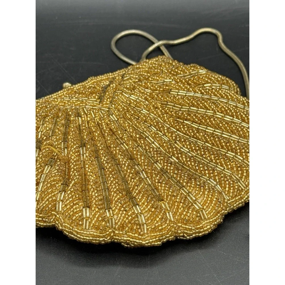 Vintage Gold Beaded Clam Shell Evening Bag Flapper Art Deco Cocktail Purse Chain